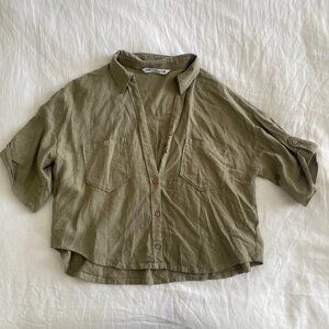 Zara Linen Blend Olive Button T Shirt (sz S)
